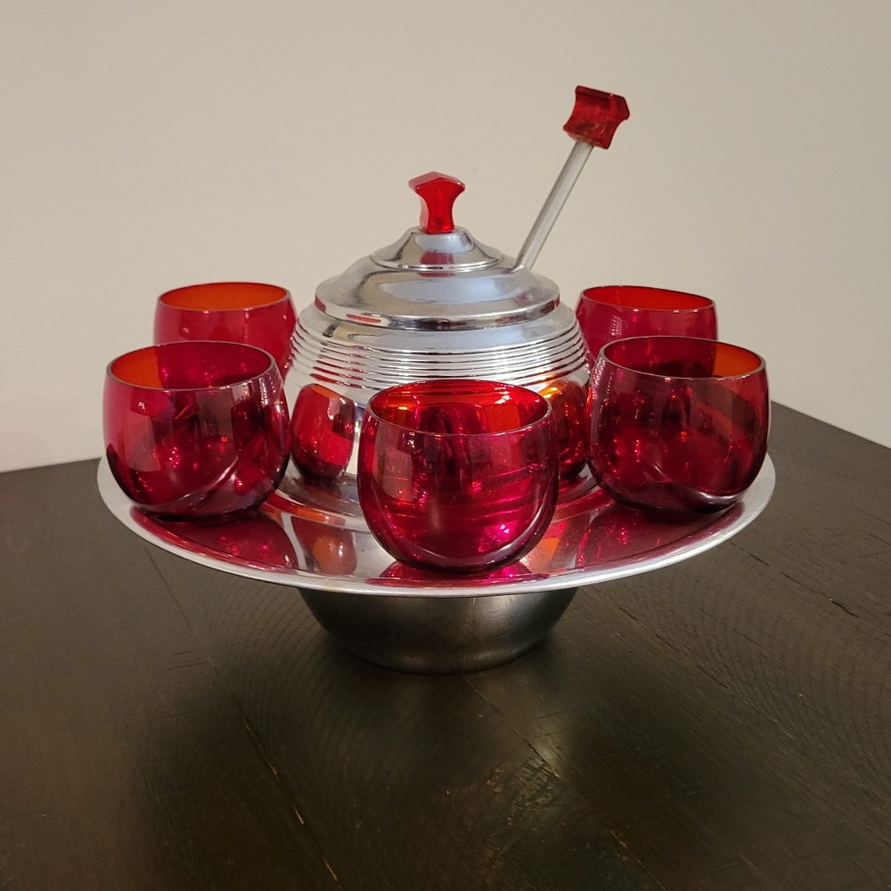 Vintage Lehman Bros Art Deco Saturn Ring Punch Bowl Set